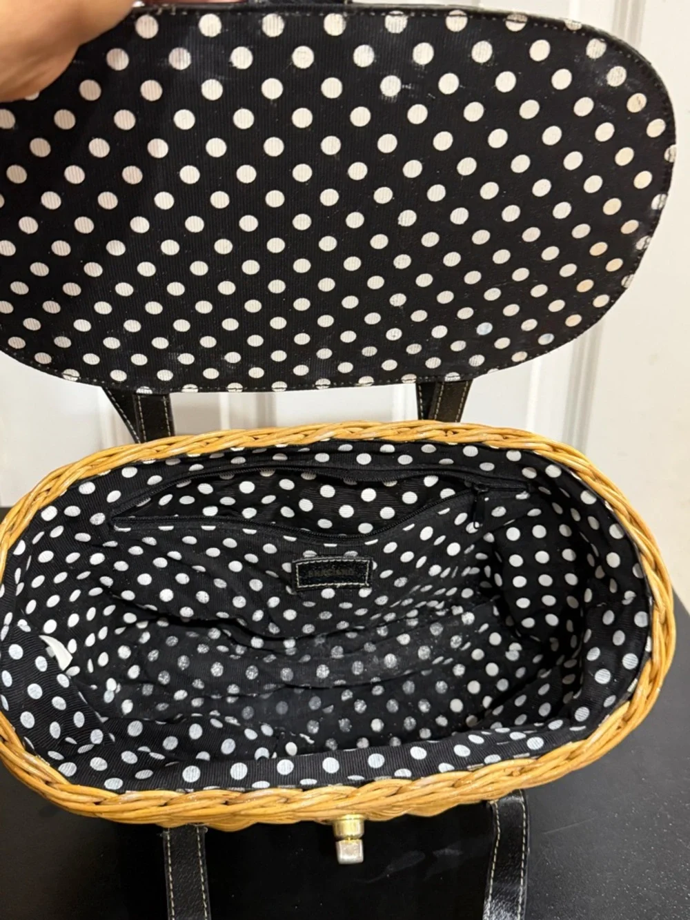Braciano Black & Natural Wicker Top-Handle Tote leather trim